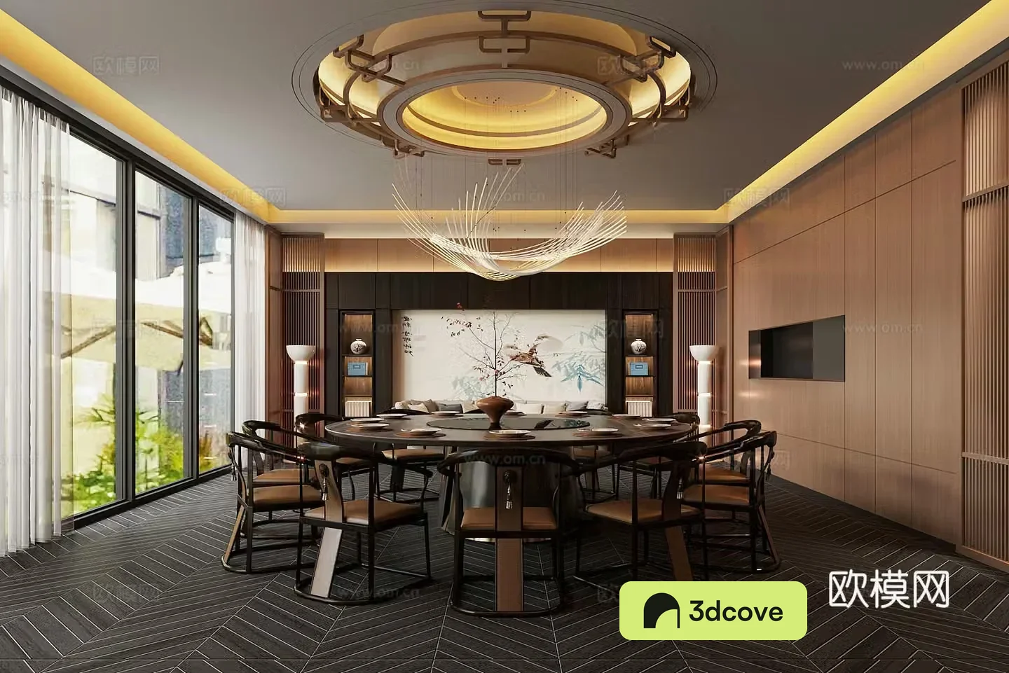 New Chinese-style private room Chinese restaurant private room Chandelier Dining table and chair combination Floor lamp