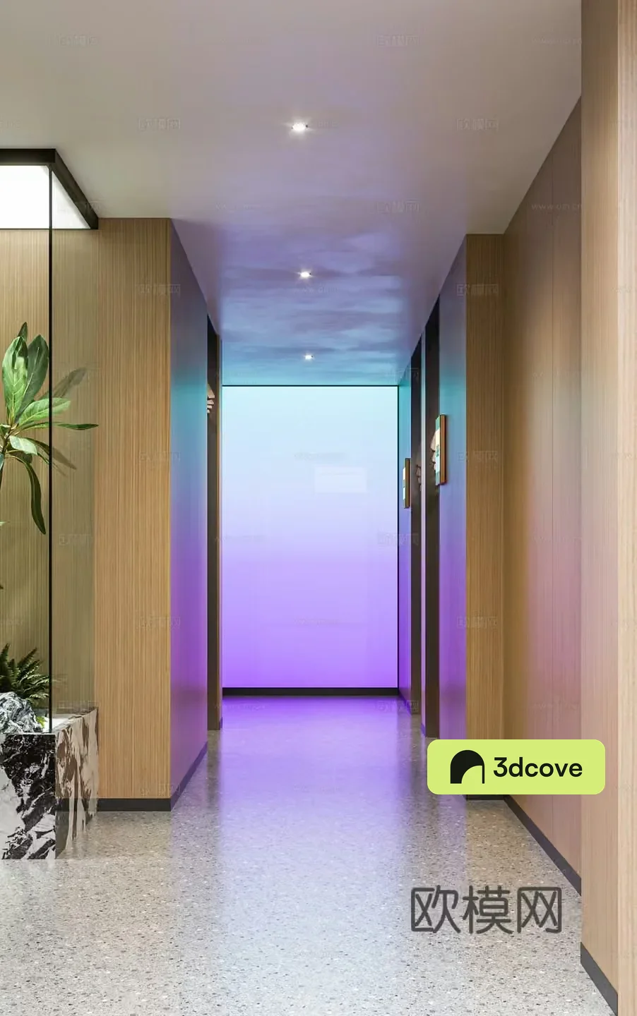 Modern hotel corridor Cyberpunk hotel corridor End view Landscape Light film