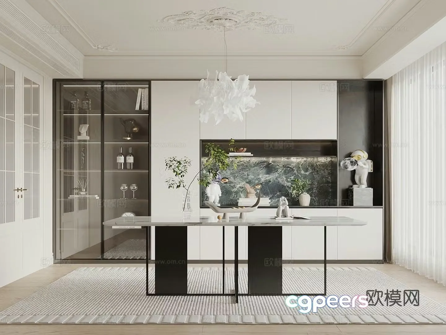 French simple European restaurant wine cabinet sideboard dining table restaurant chandeliers artwork ornaments 3D model