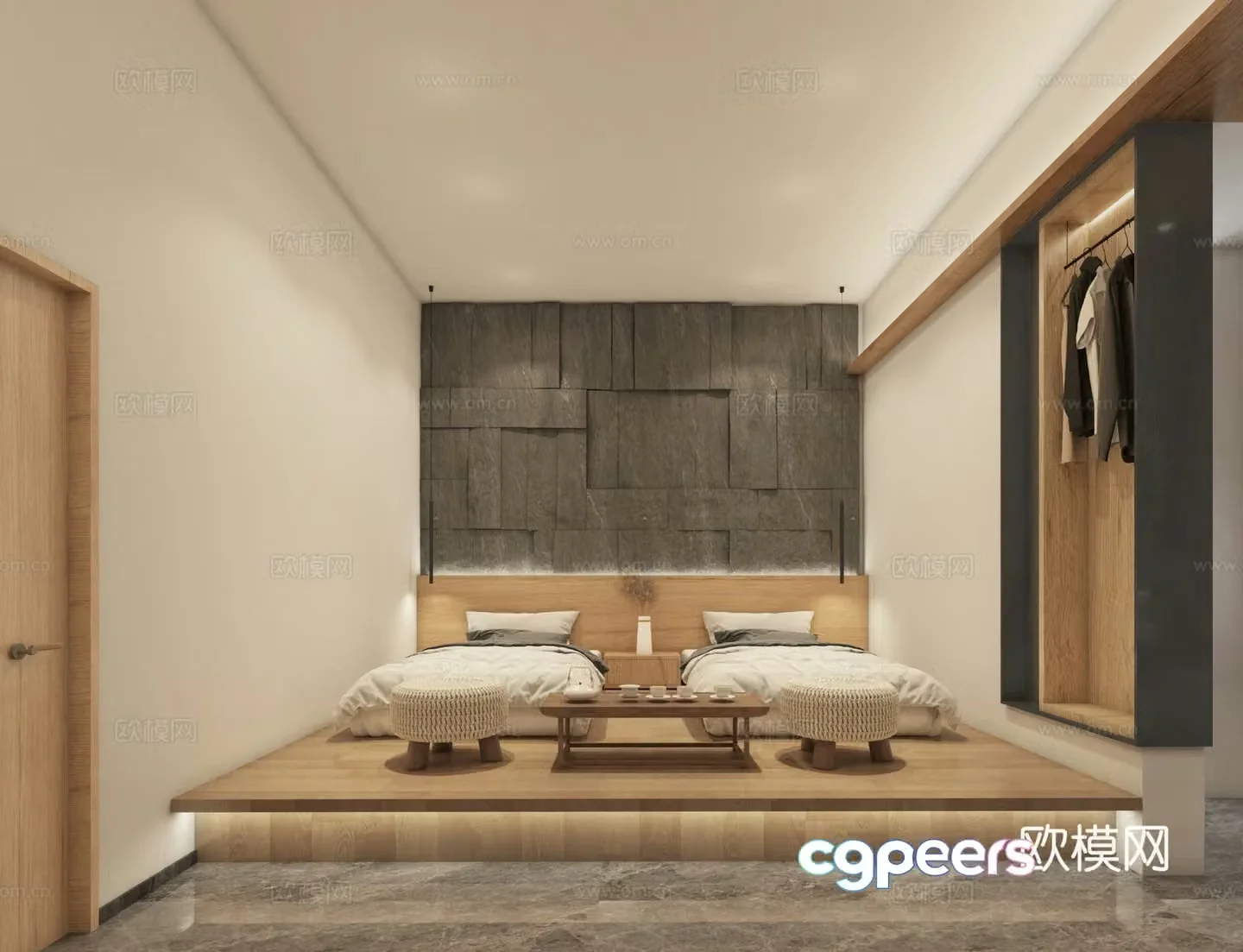 Log style B&B tatami bedroom twin bed 3D model