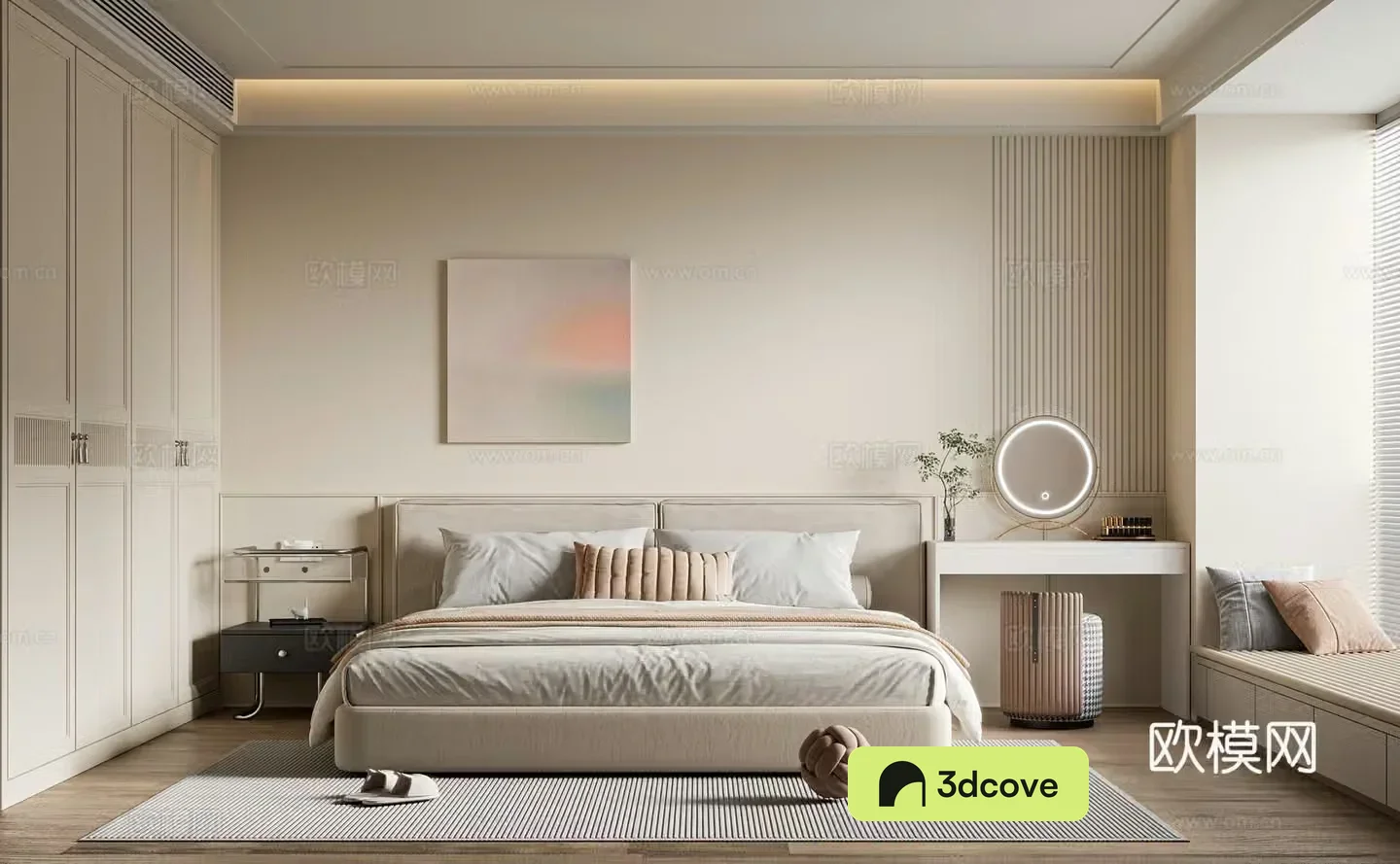 Modern creamy bedroom master bedroom double bed wardrobe dressing table hanging painting