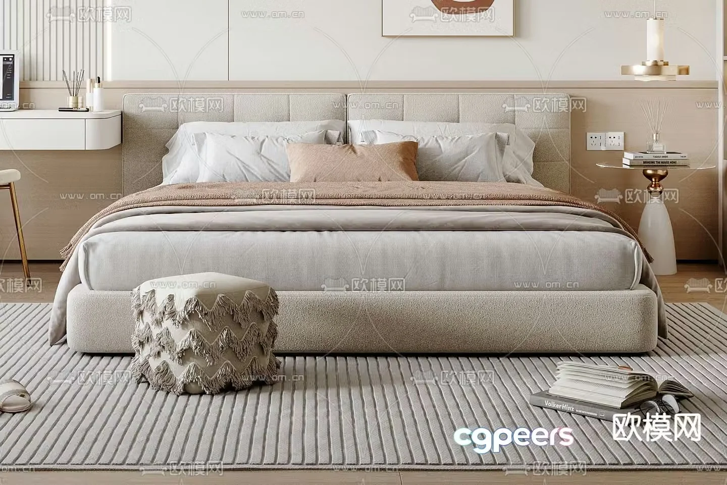 Cream style double bed 3d model