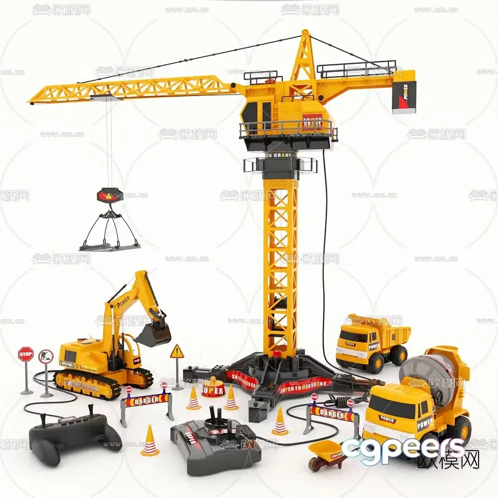 Modern toy tower crane excavator mixer truck 3d model