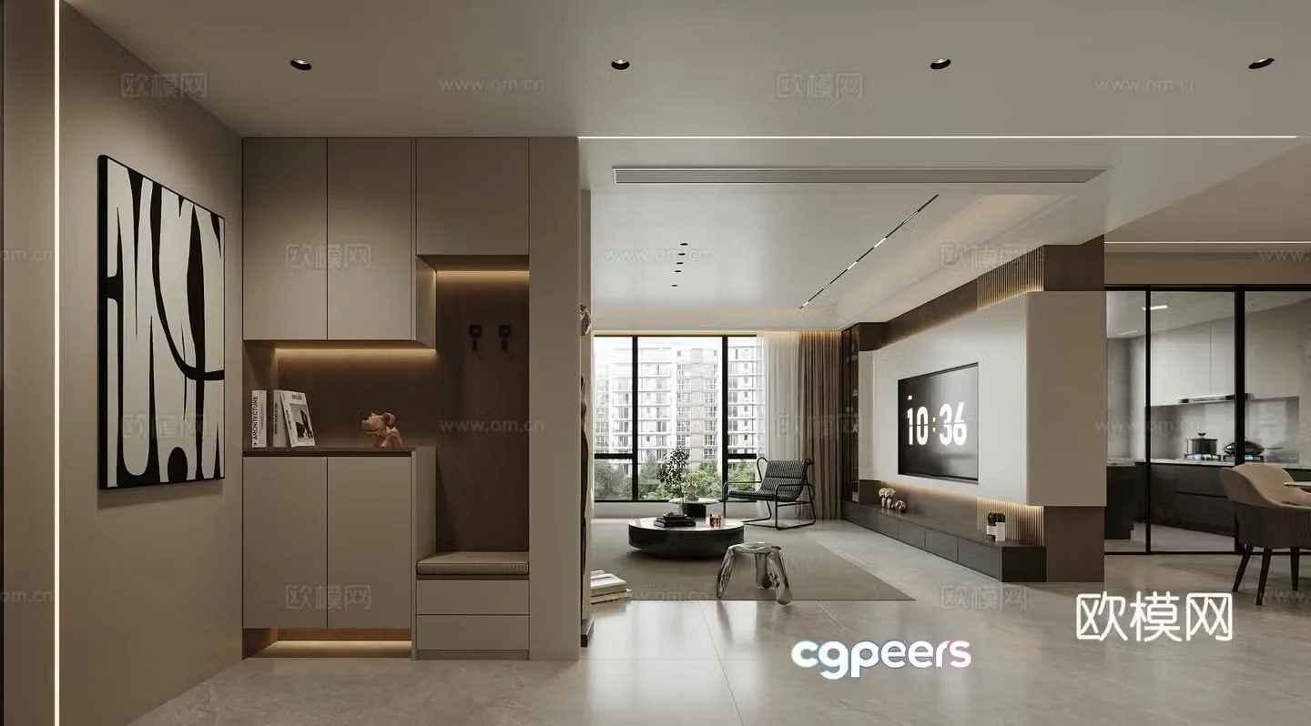 Modern living and dining room panoramic view Living room Dining room Hanging paintings Chandelier Decoration cabinet 3d model