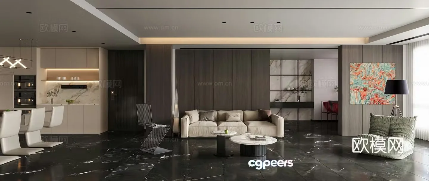 Modern black white and gray light luxury living restaurant 3D model