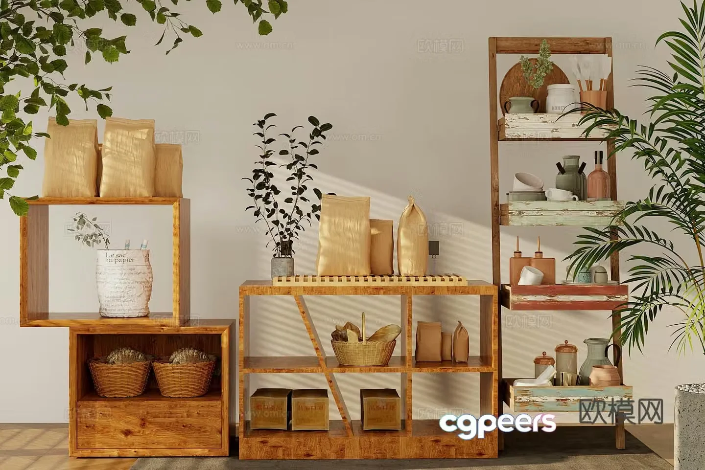 Log-style storage rack Restaurant storage rack Medium style ornament combination Jewelry ornament combination Storage 3D model