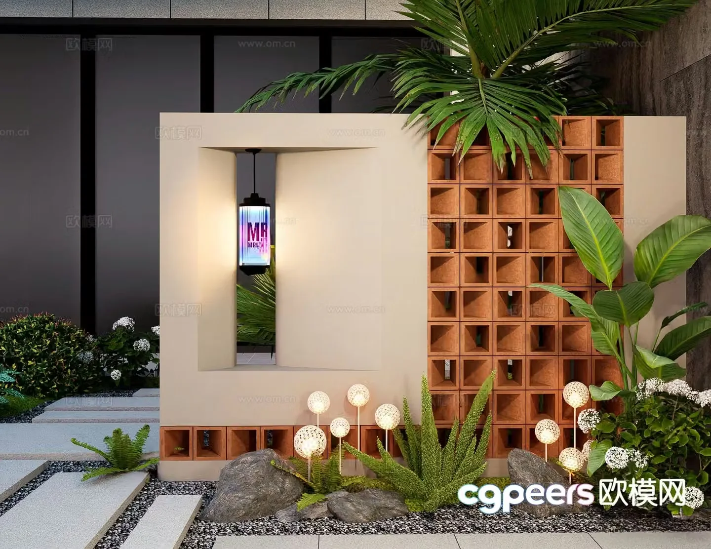 Courtyard landscape wall hollow brick landscape wall 3D model