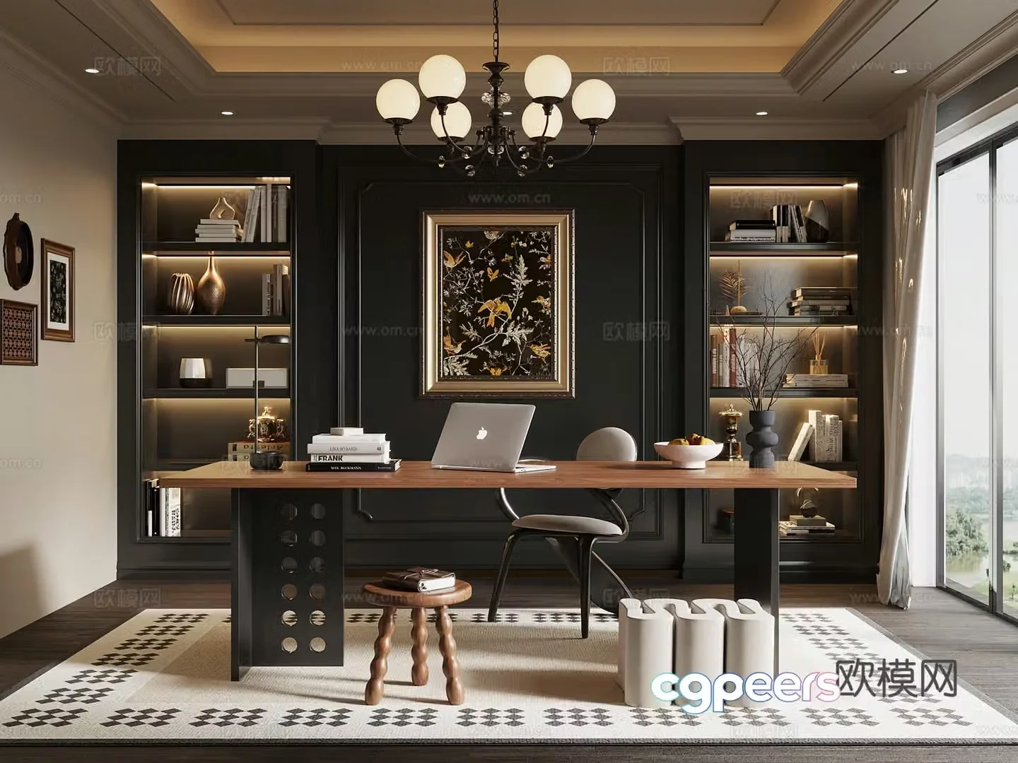 18 French study bookcase desk chair 3d model