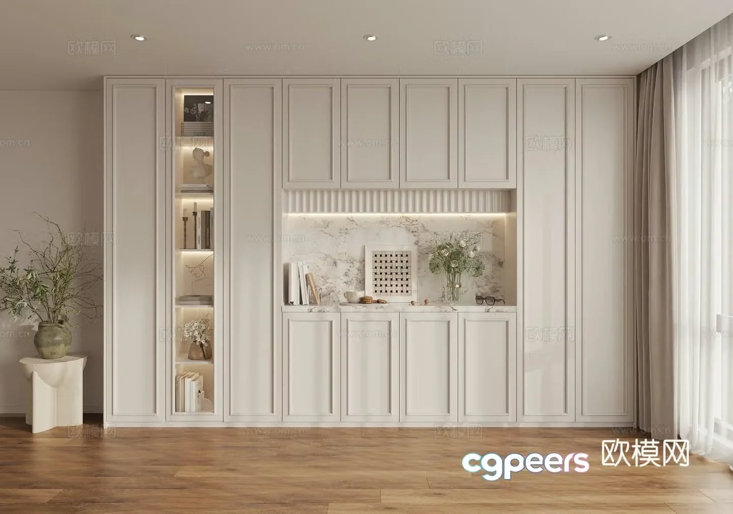 Creamy Wind Wine Cabinet Bookcase 3D Model