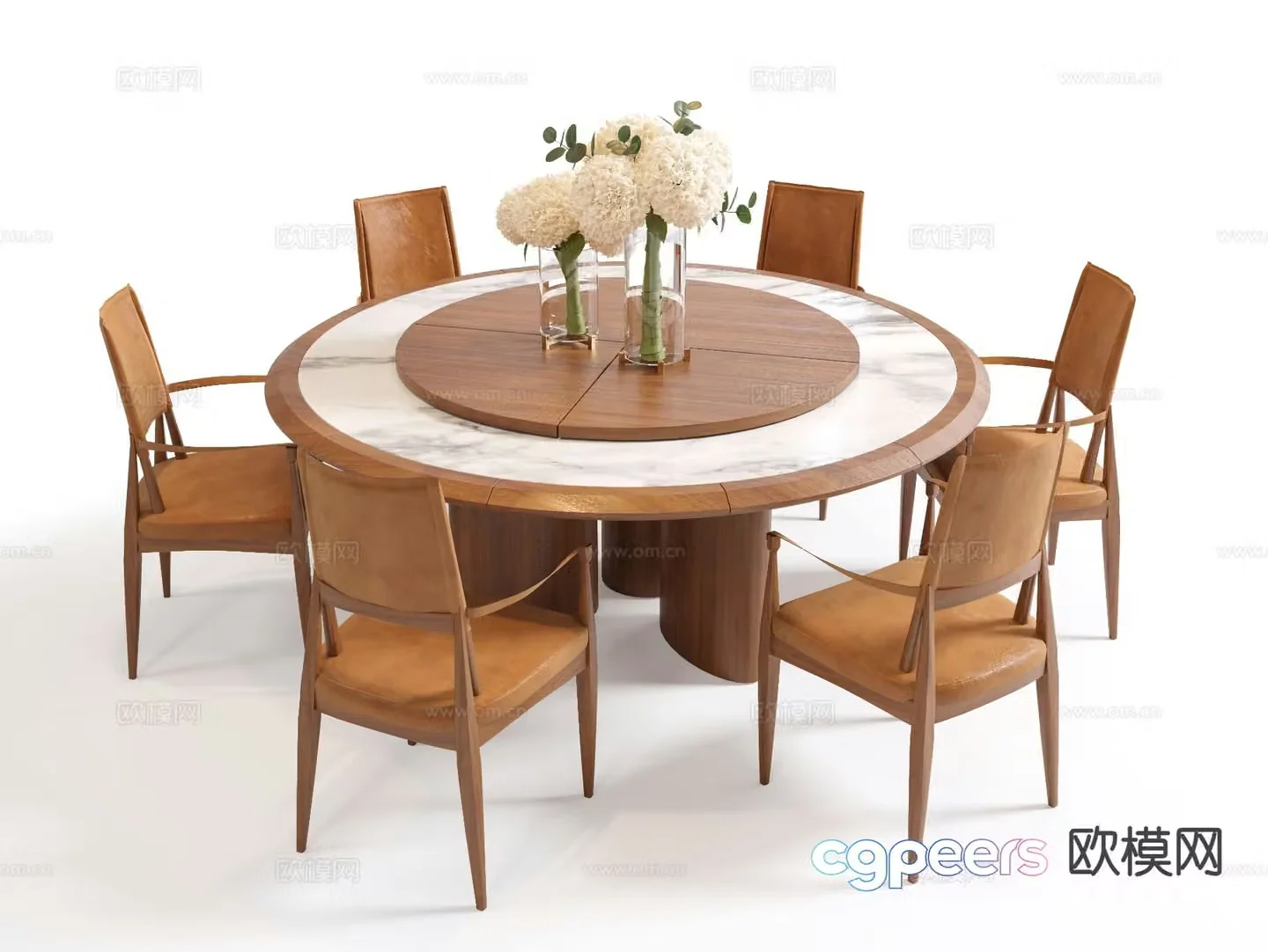 Wabi-sabi style box dining table and chairs round dining table 3D model