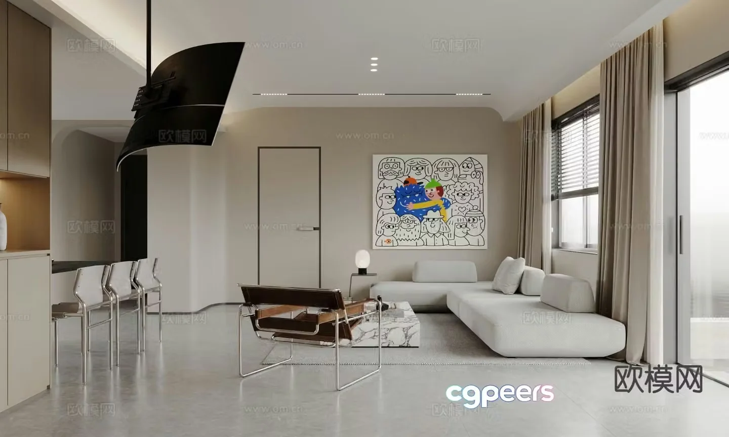 Italian minimalist living room horizontal hall 3D model