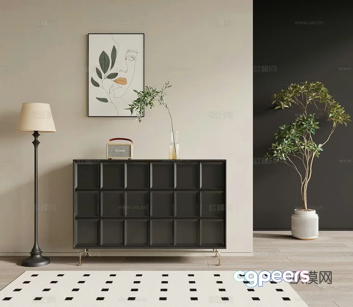 Entrance cabinet French retro style side cabinet end view cabinet floor lamp green plant 3D model