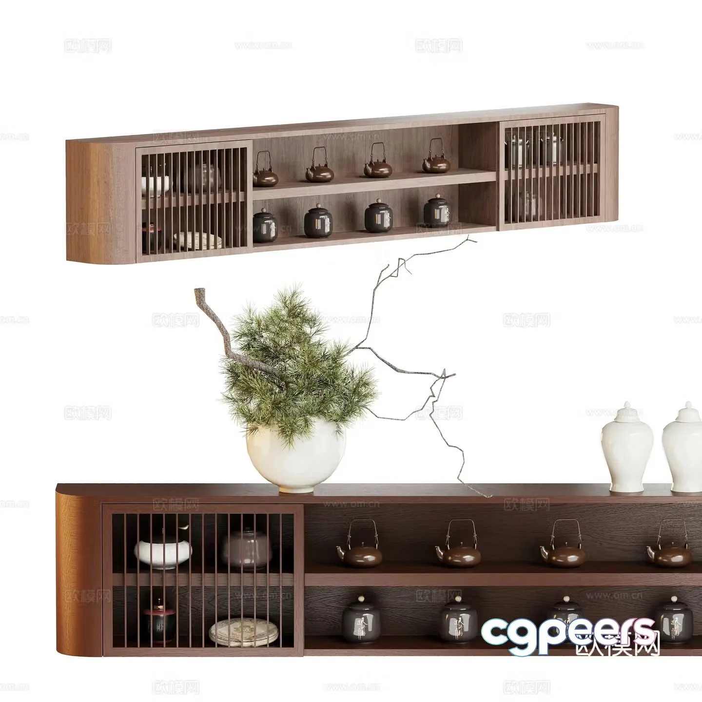 New Chinese style tea set cabinet floor cabinet hanging cabinet 3D model