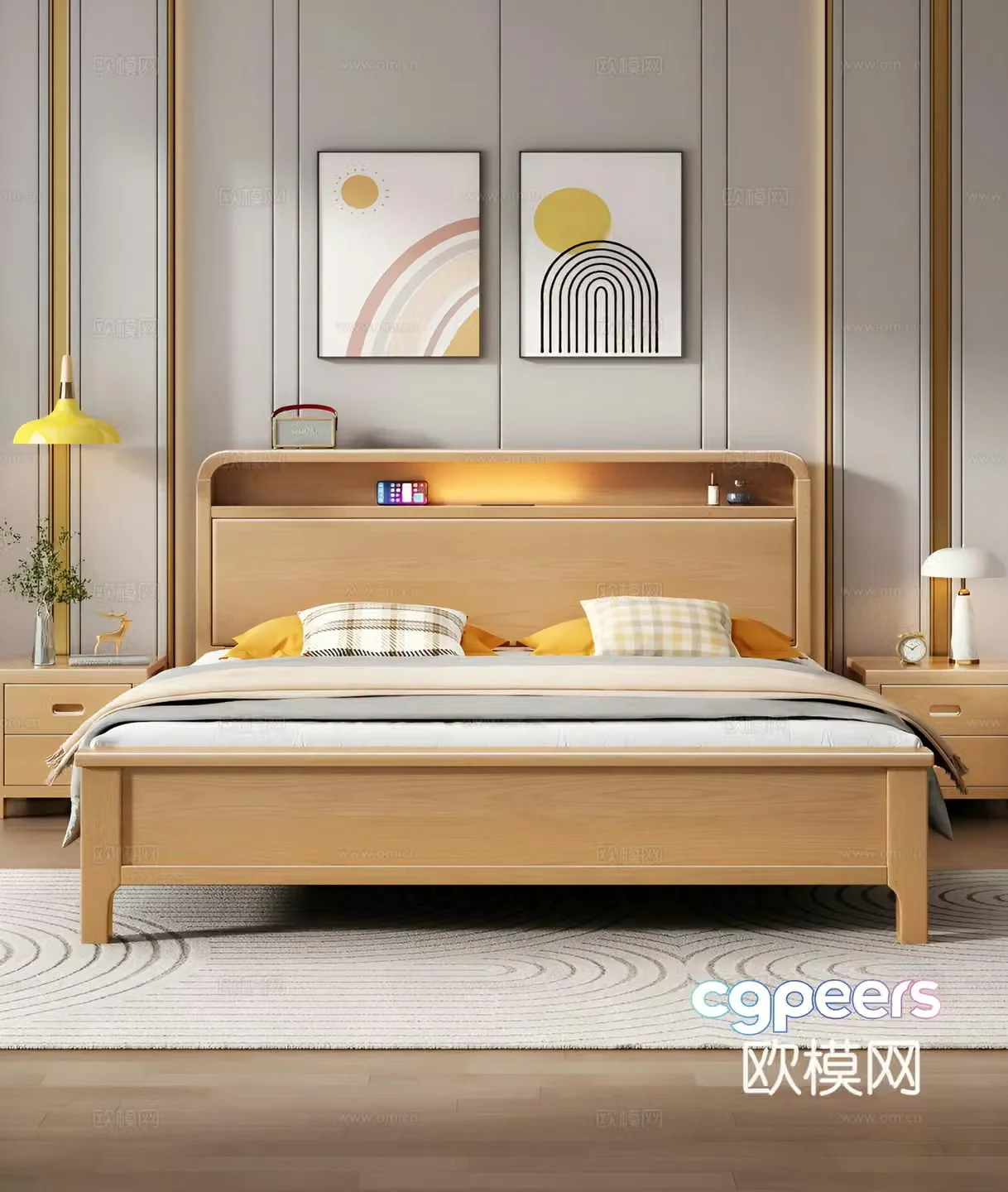 Simple Nordic home bedroom beech bed solid wood bed double bed log bed 3d model