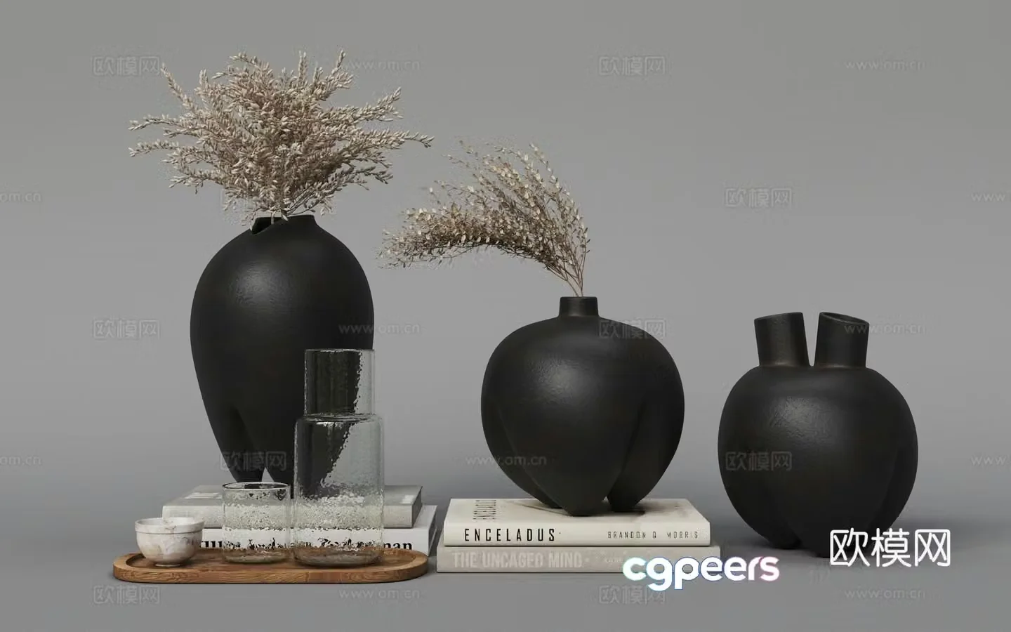 Modern decorations pottery pots books 3d model