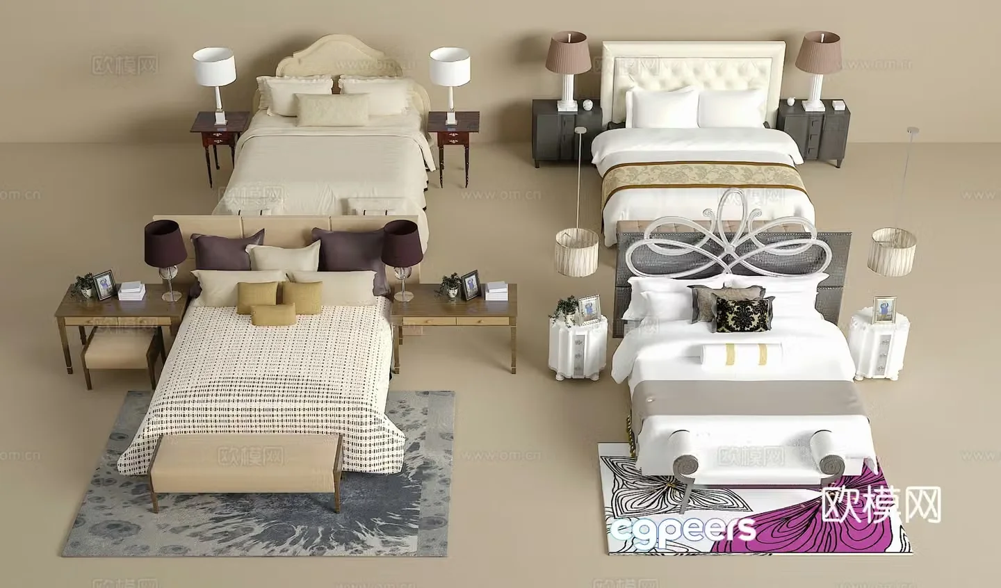 Double bed combination bedside table jewelry ornaments desk lamp carpet pillow 3D model