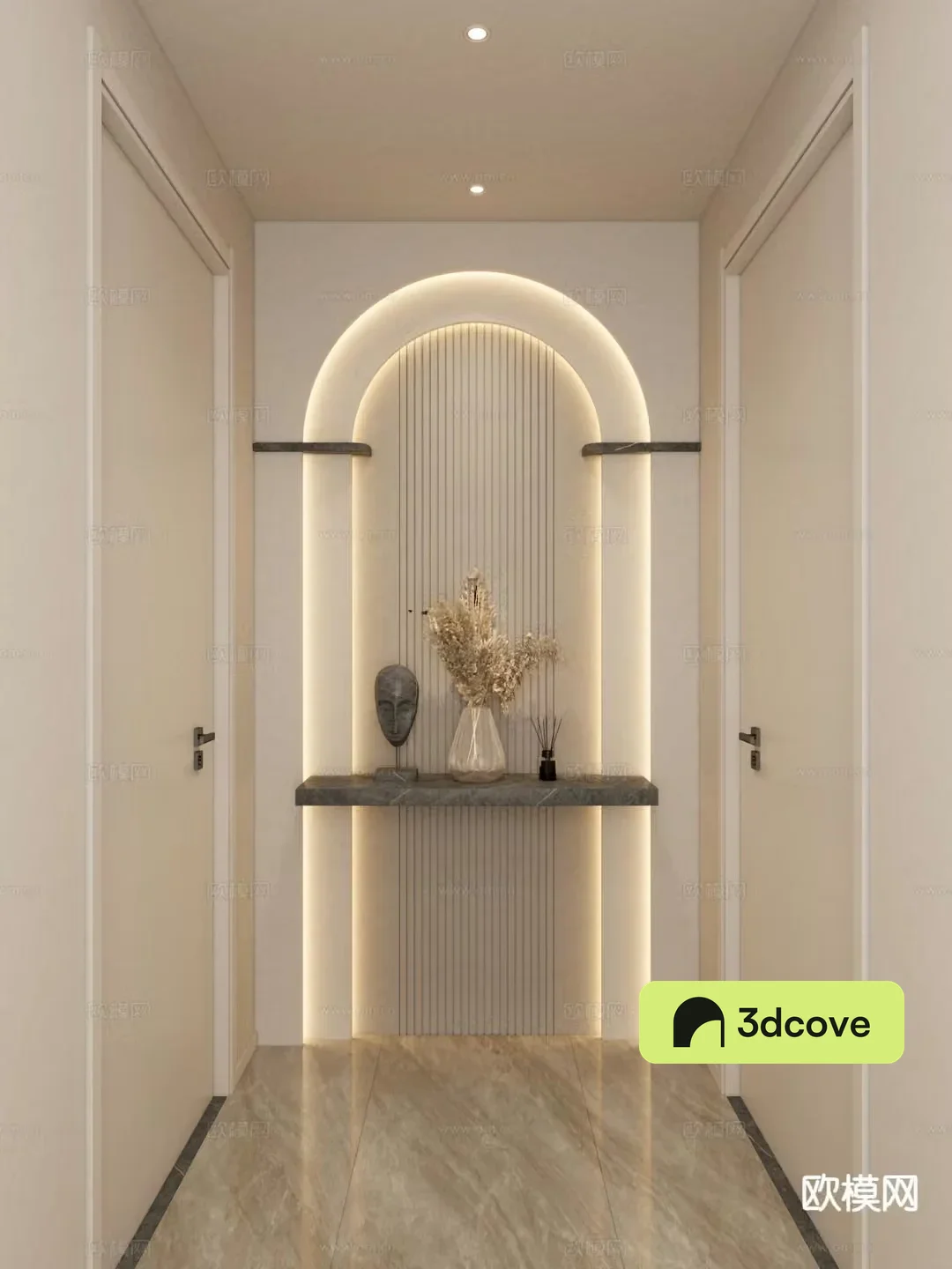 Cream style entrance aisle corridor end view