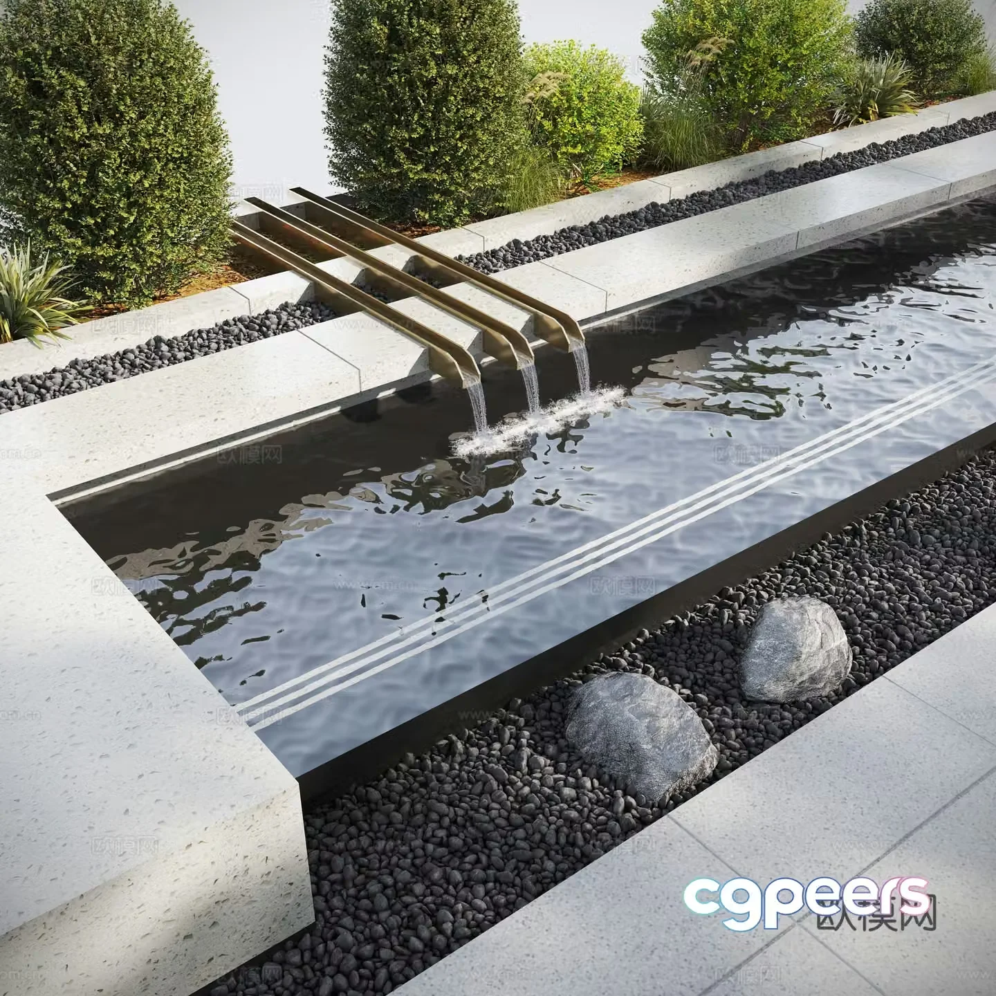 Modern water landscape garden waterscape stacked water 3d model