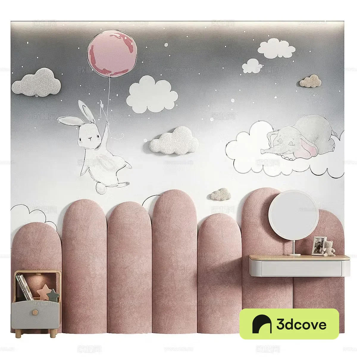 Modern creamy style children’s room bedside background wall