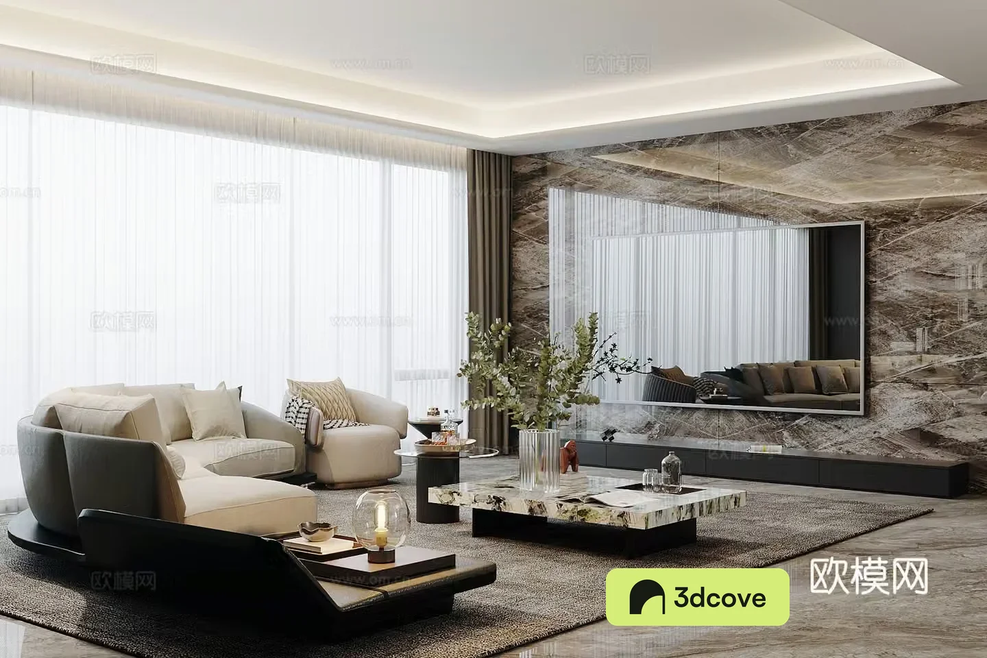Light luxury Italian home living room high-end gray living room sofa and coffee table combination marble TV background wall