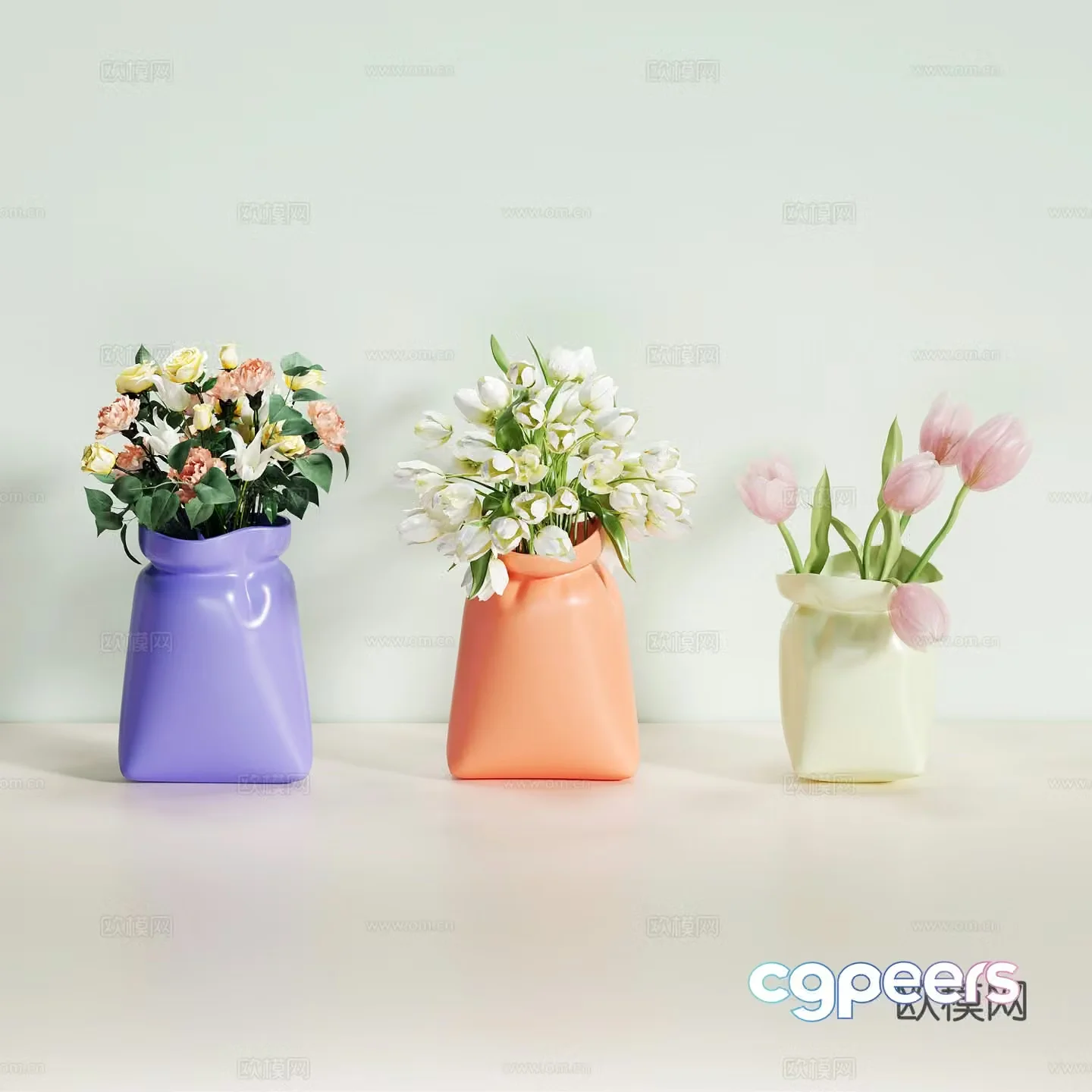 Creative vase floral art flowers tulip carnation yellow rose lily 3d model