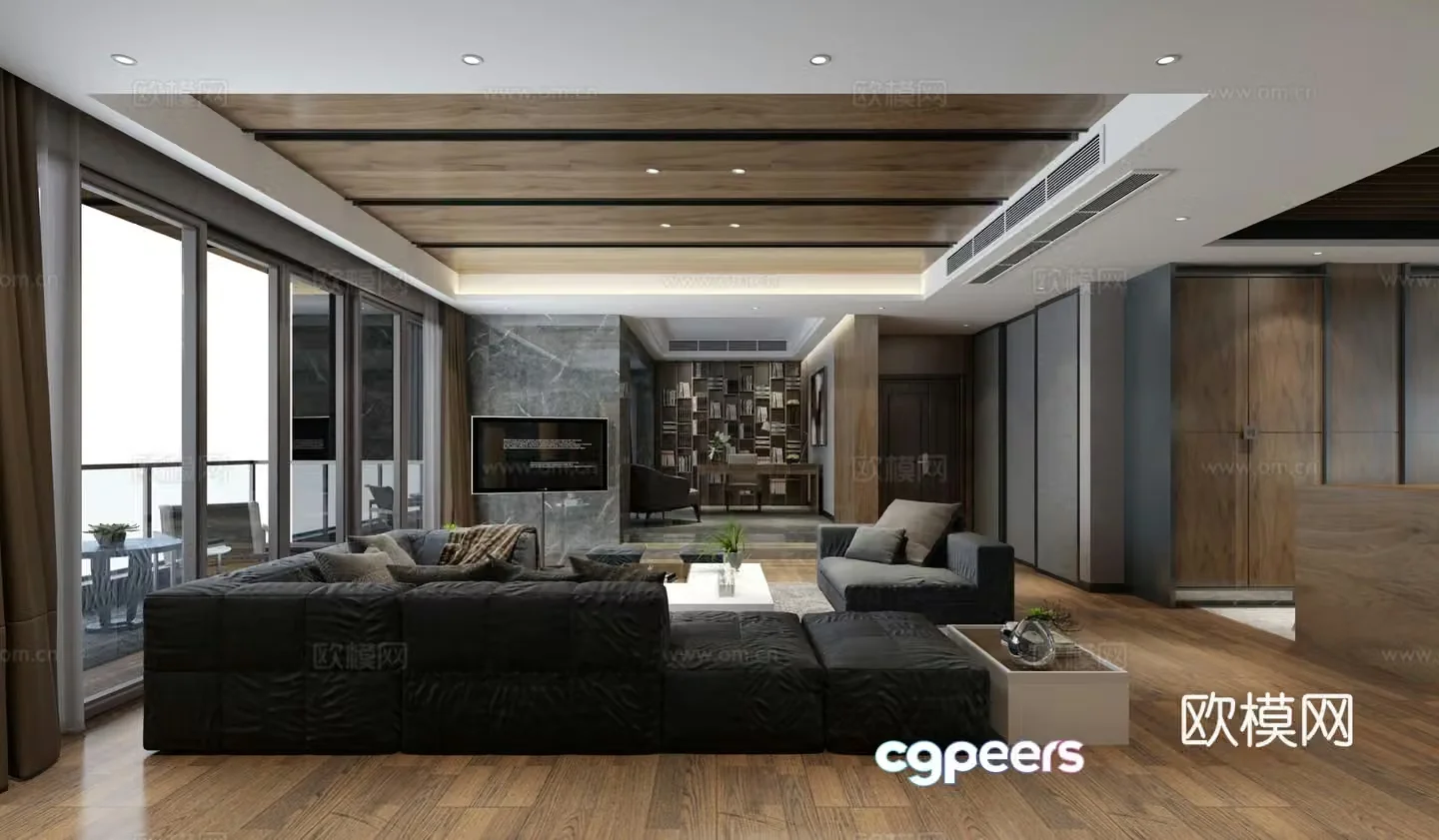 Modern living room sofa combination suspended ceiling balcony leisure table and chair bookcase 3d model