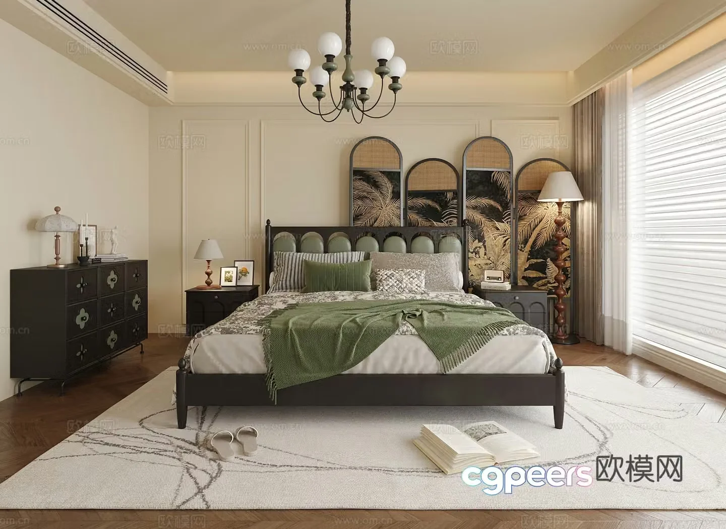 French bedroom double bed nightstand floor lamp bedside chandelier 3d model