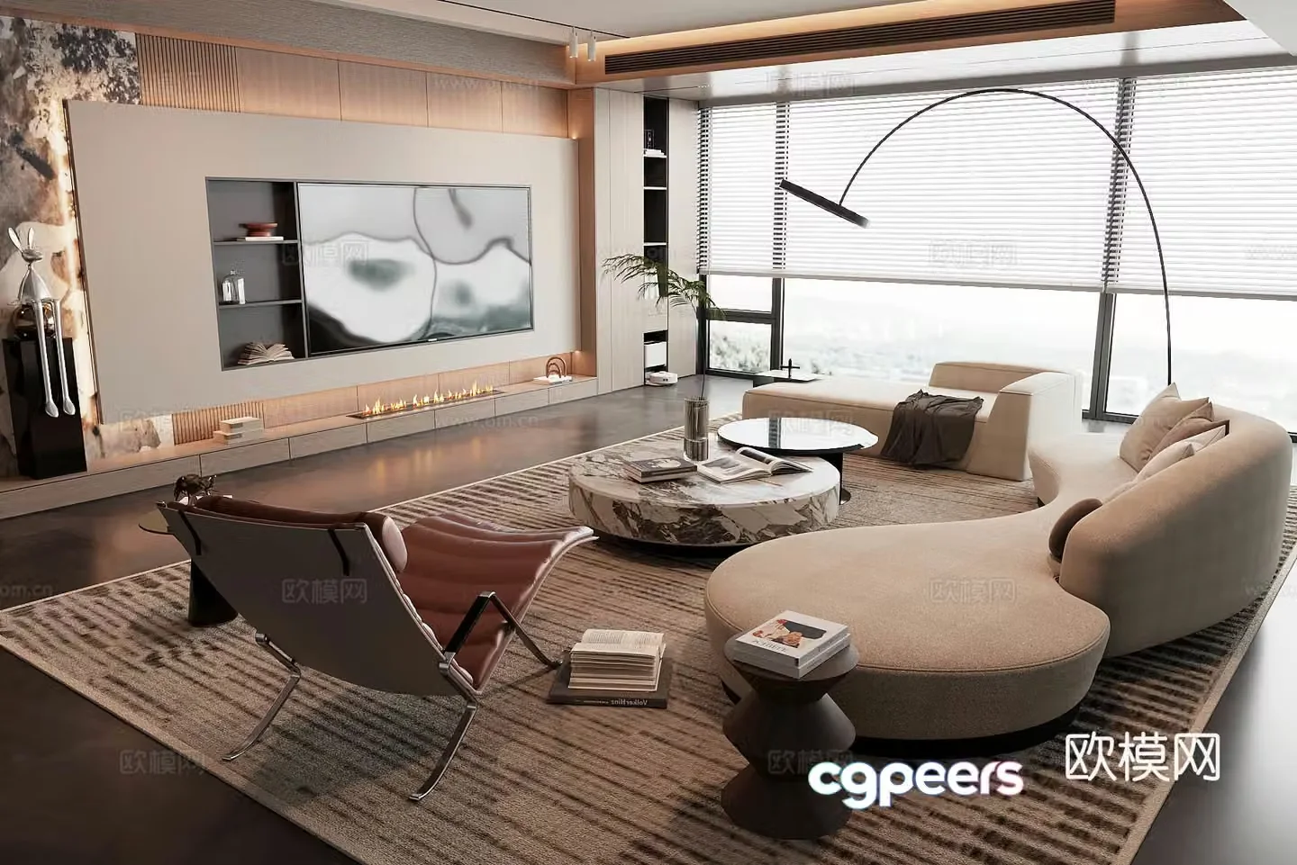 Modern home living room sofa coffee table combination module sofa TV wall background wall light luxury 3D model