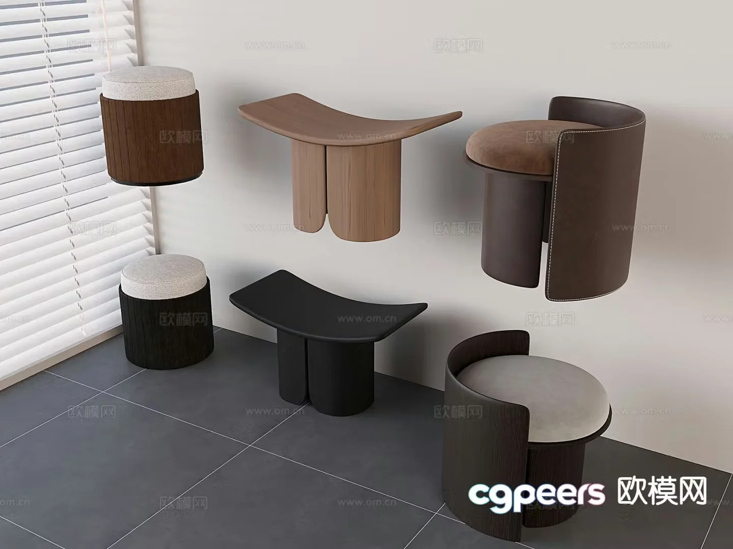 Nordic solid wood shoe changing stool 3D model