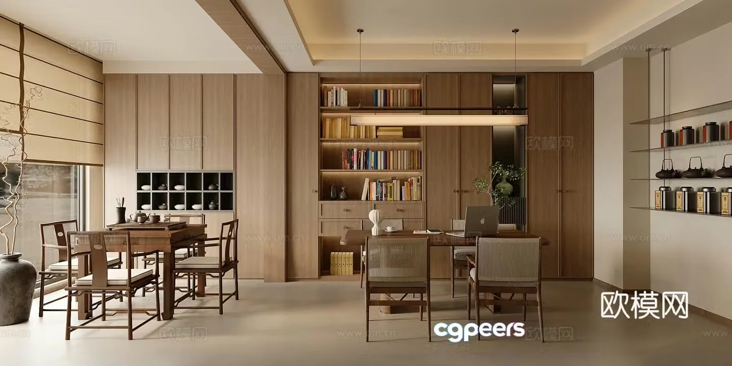 New Chinese-style Zen tea room tea tasting area tea table and chair open study Song-style aesthetic tea room 3D model