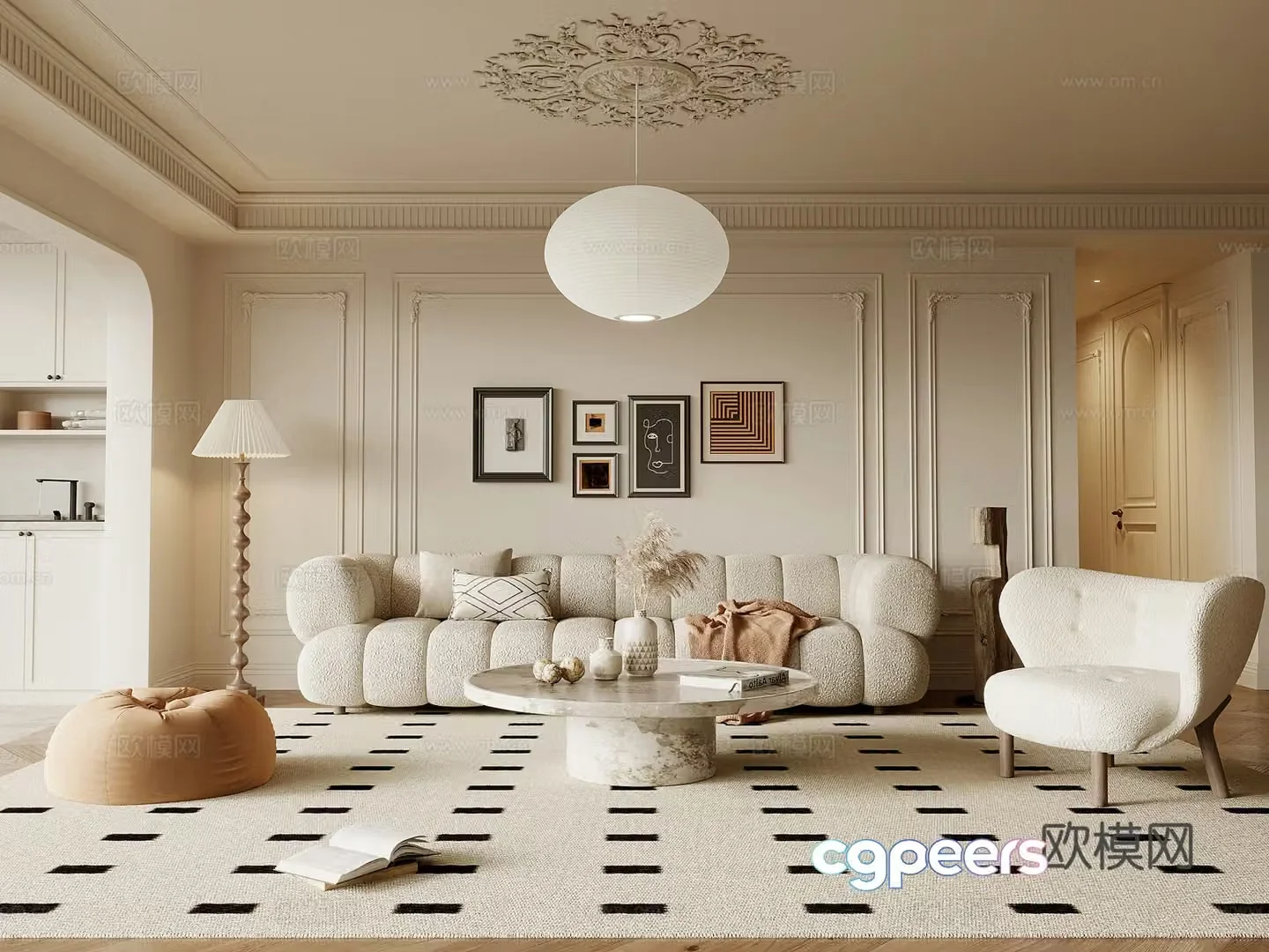 Living room French creamy living room sofa coffee table combination 3D model