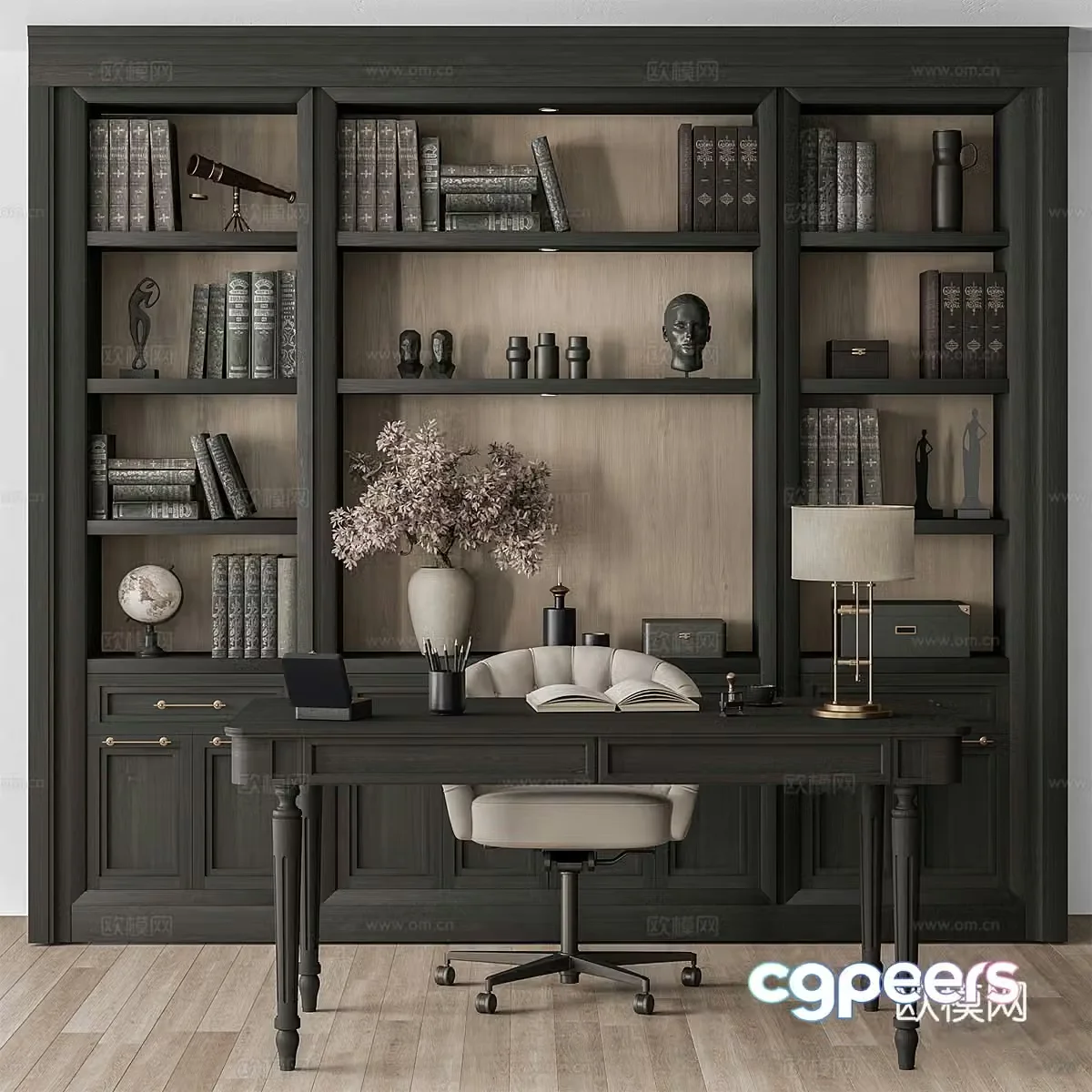 American retro bookcase desk chair 3d model