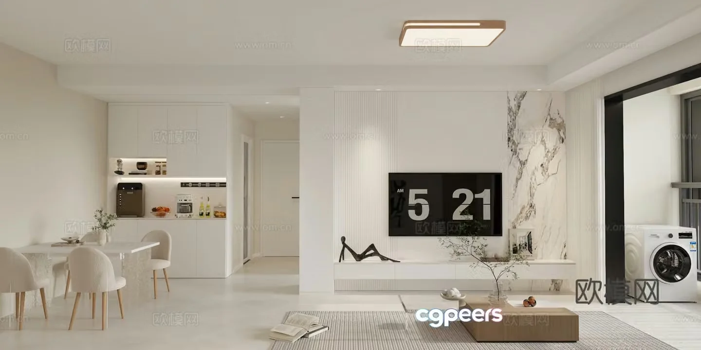 Modern Cream Living and Restaurant 3D Model
