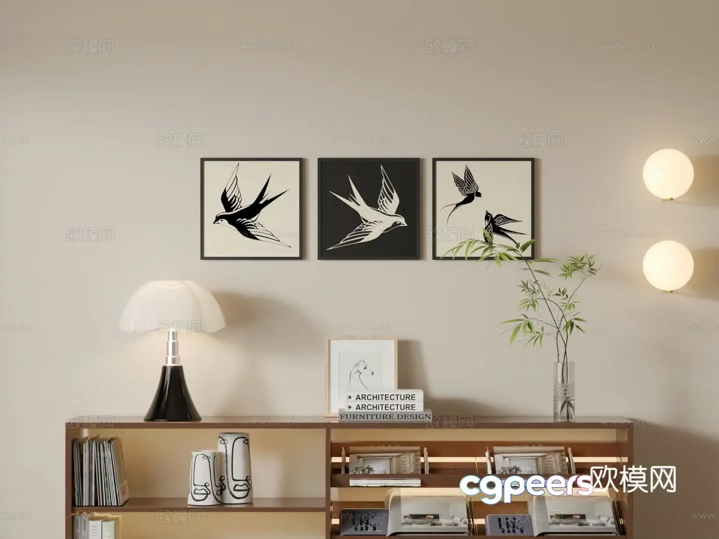 Middle-style square hanging painting swallow combination painting 3D model