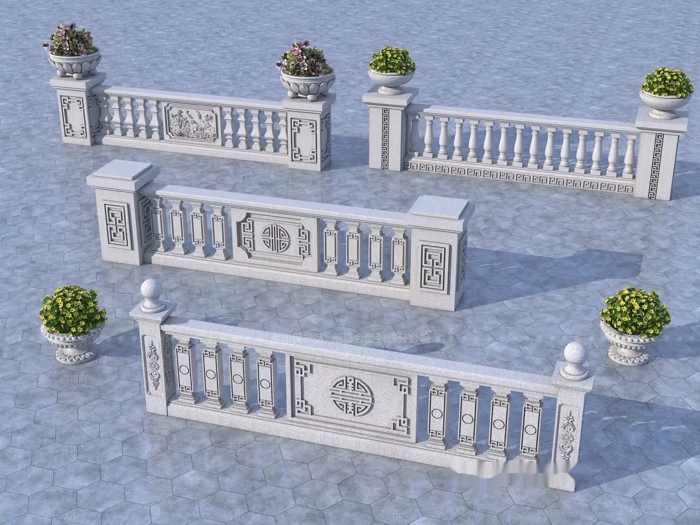 A Set Of White Stone Railings 3D Model – 18048 – VRAY Render
