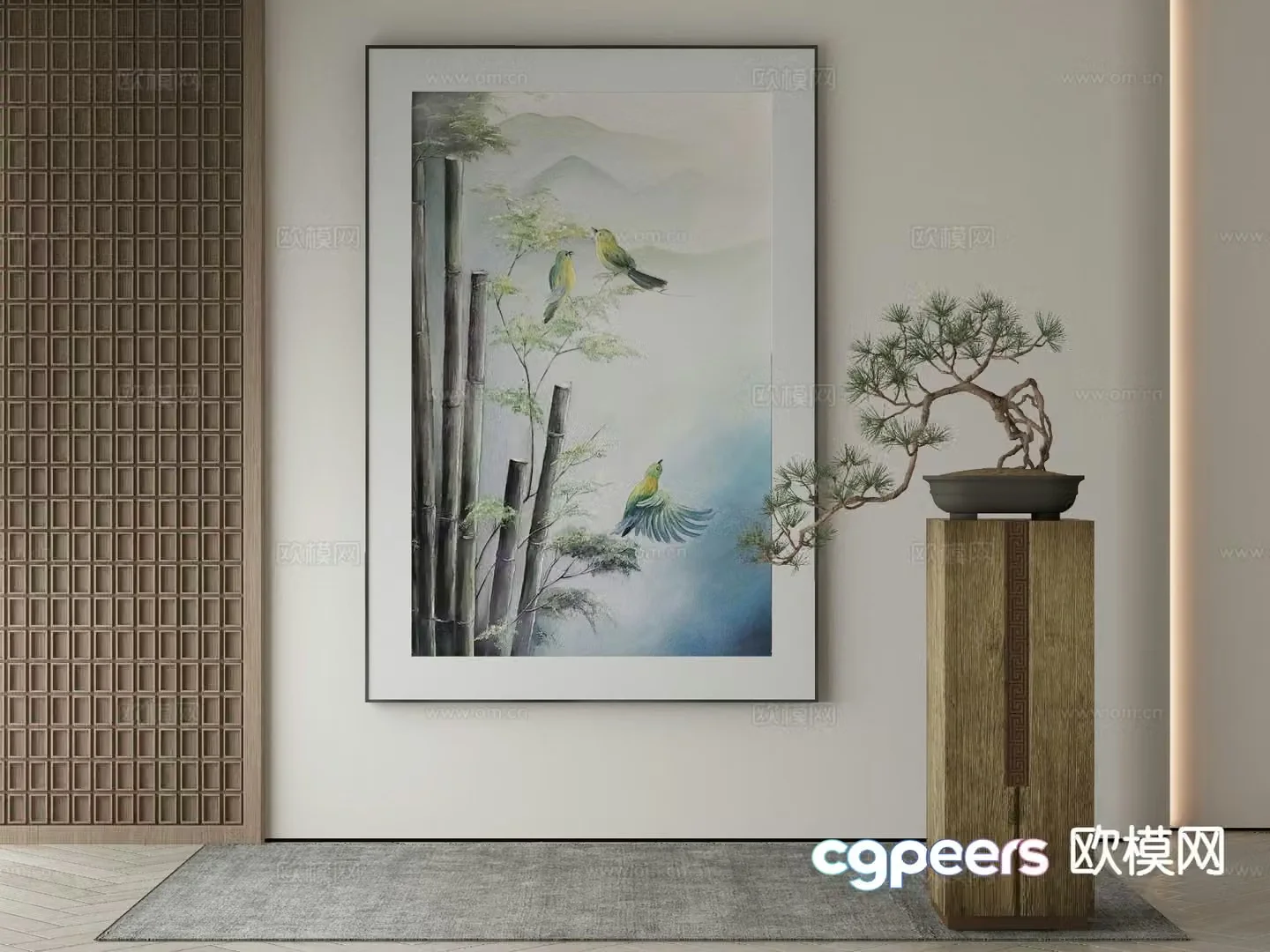 New Chinese style flower and bird painting bamboo decorative painting 3d model