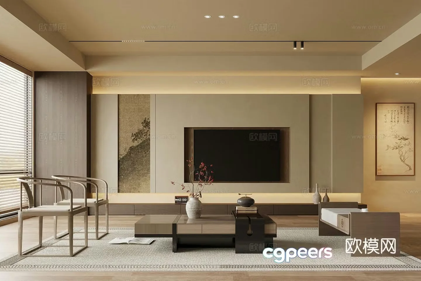 Living room medieval style living room TV background wall sofa coffee table combination 3D model