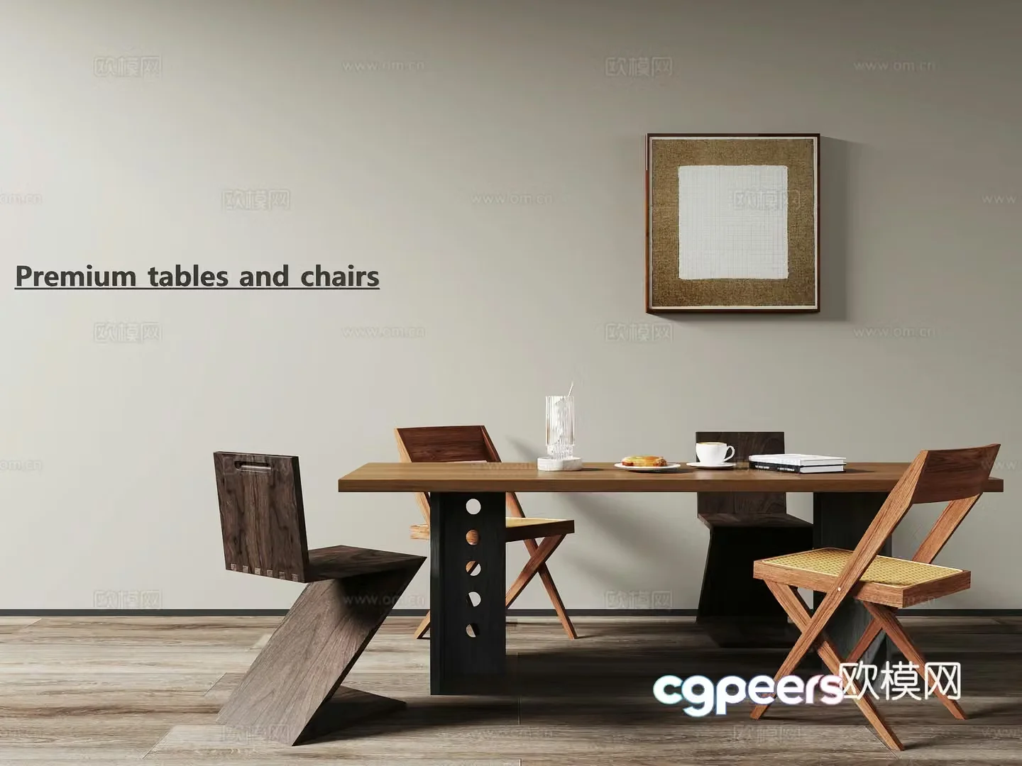 Medium style dining table and chair combination long table hanging painting 3D model