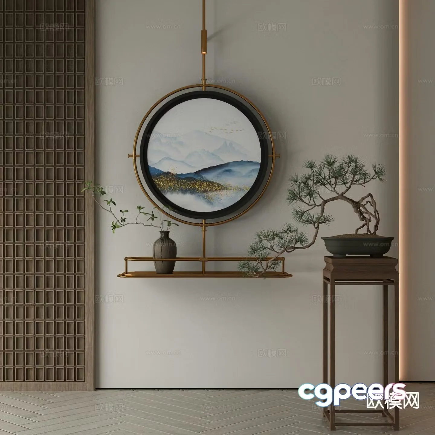 New Chinese style decorative painting metal pole hanging painting 3D model