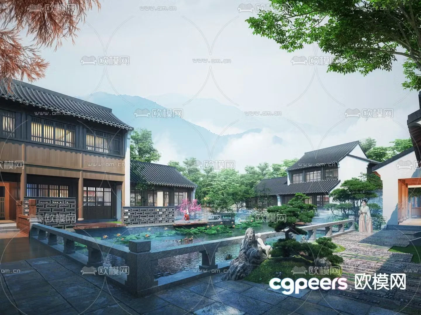 New Chinese style ancient building wetland park 3D model