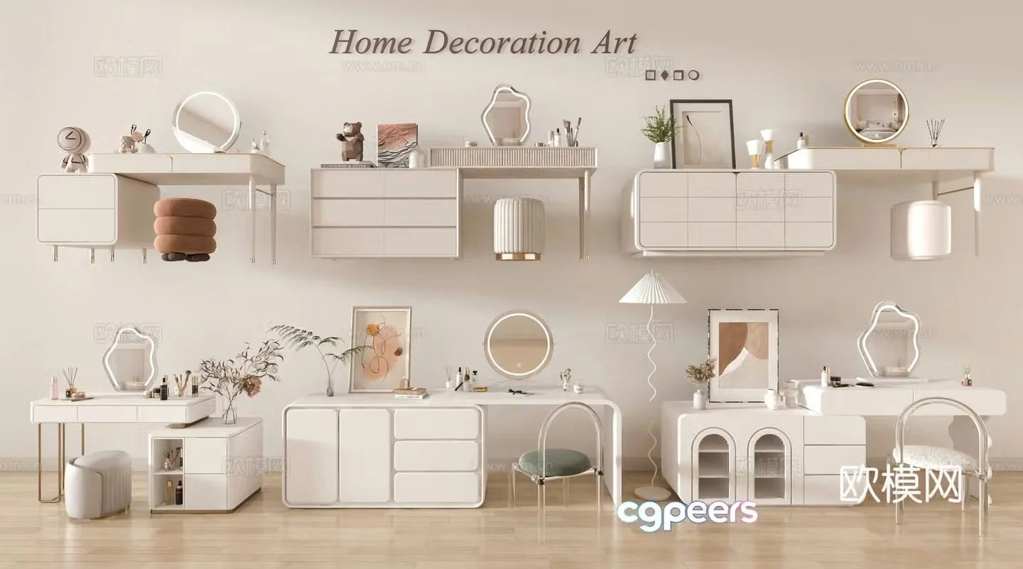 Modern dressing table makeup table cream style dressing table makeup table makeup stool makeup mirror cosmetics makeup 3d model