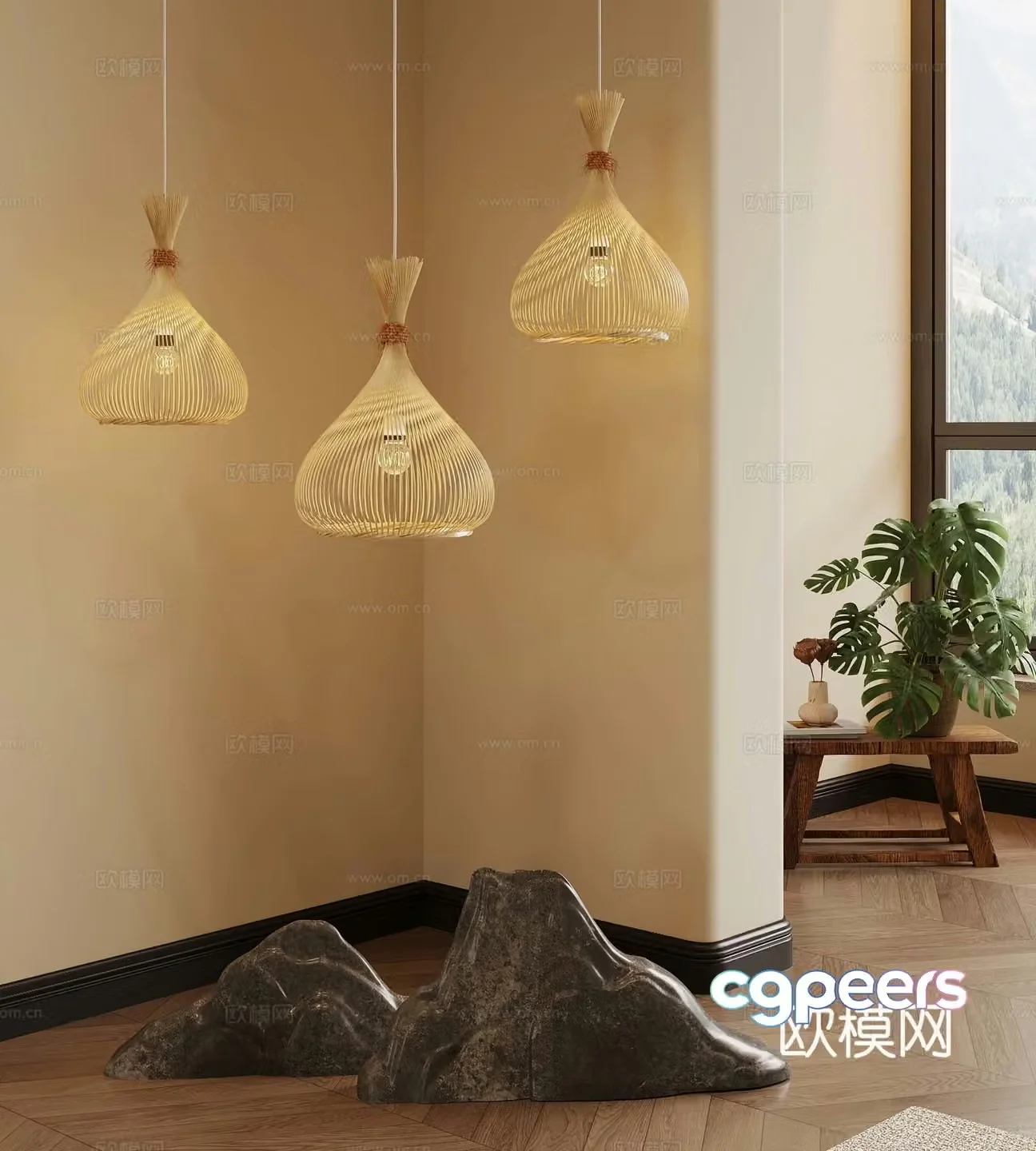 Wasabi Middle Style Chandelier Green Plant Potted Bonsai Stone 3D Model