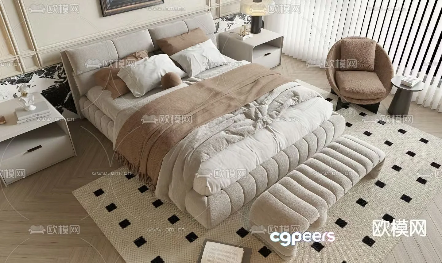 French double bed 3d model