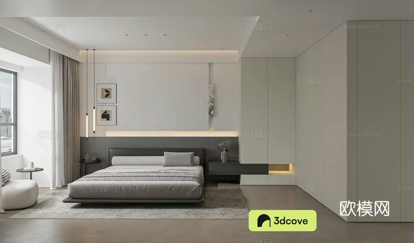 Modern minimalist black white and gray master bedroom
