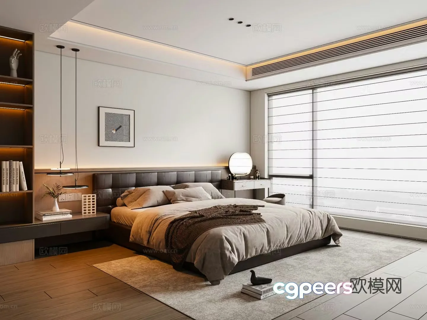 Modern Italian bedroom leather double bed dressing table chandelier hanging painting carpet 3d model