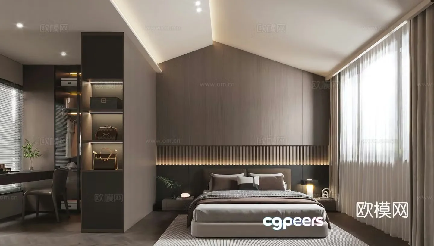 Modern slanted ceiling bedroom 3d model