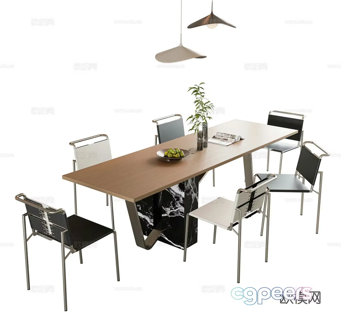 Italian minimalist dining table and chair combination long dining table rock-slab dining table solid wood dining table stainless steel dining chair 3D model