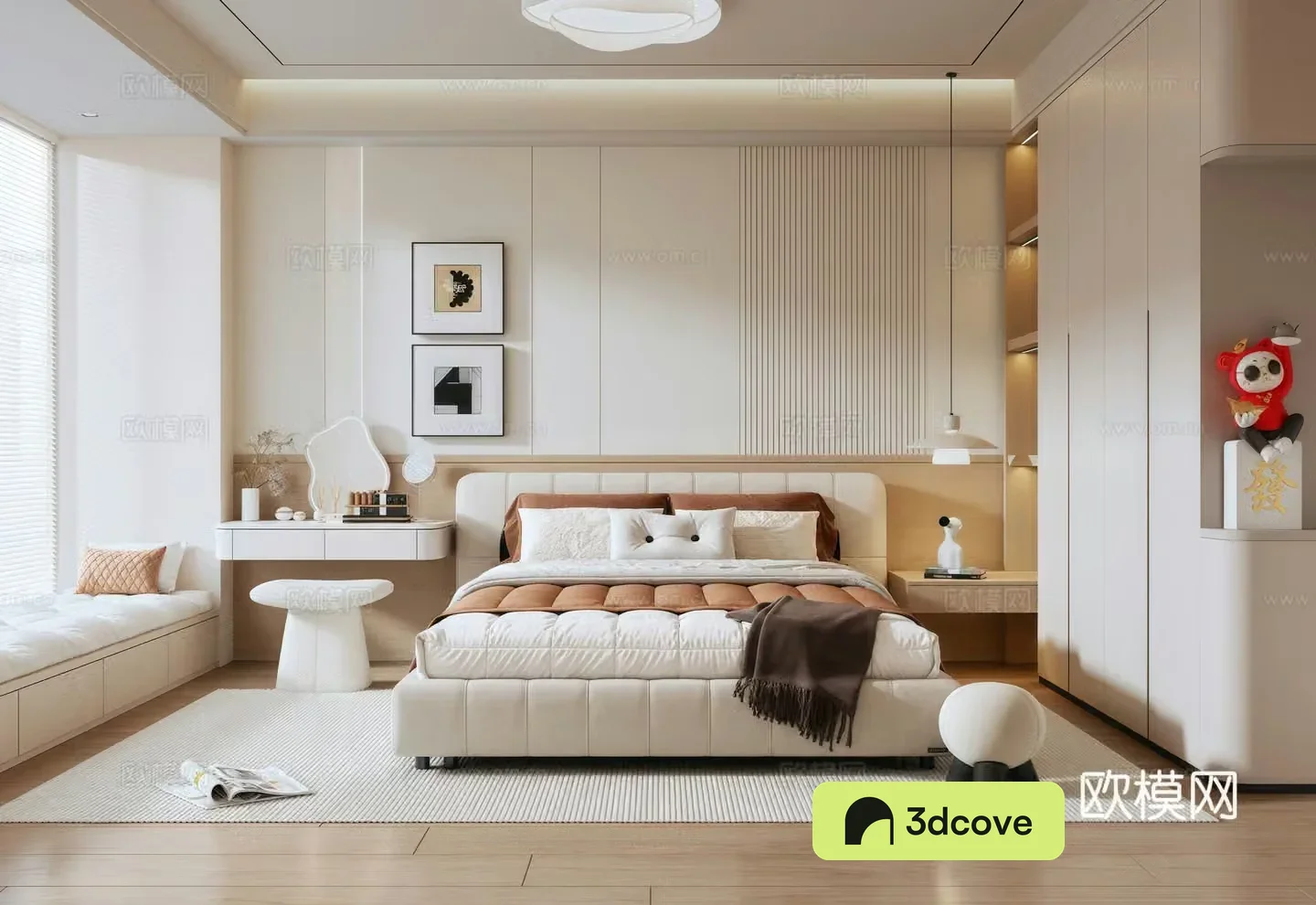 Modern minimalist Italian home bedroom wardrobe ceiling light double bed decorative painting bay window cushion
