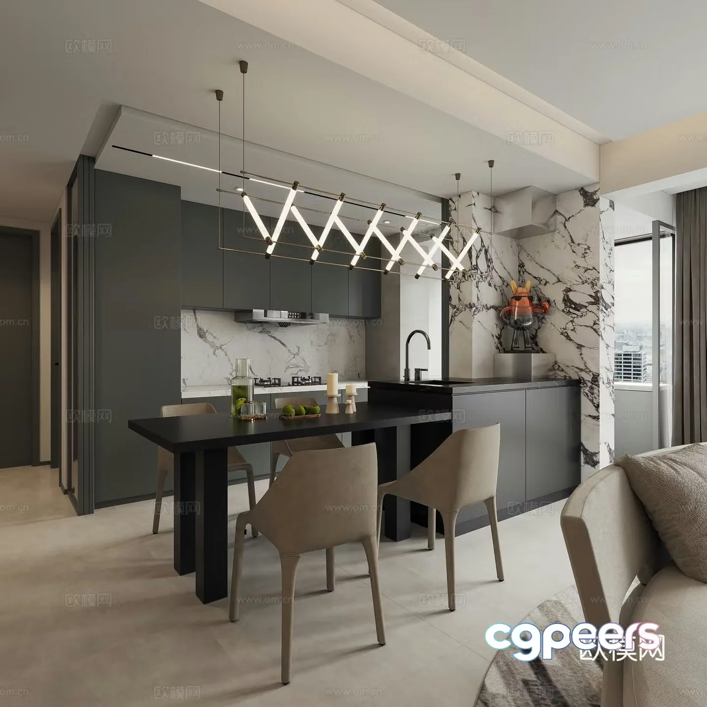 Modern minimalist Italian living and dining open kitchen square table walnut color living room metal entrance gyro chair 3d model