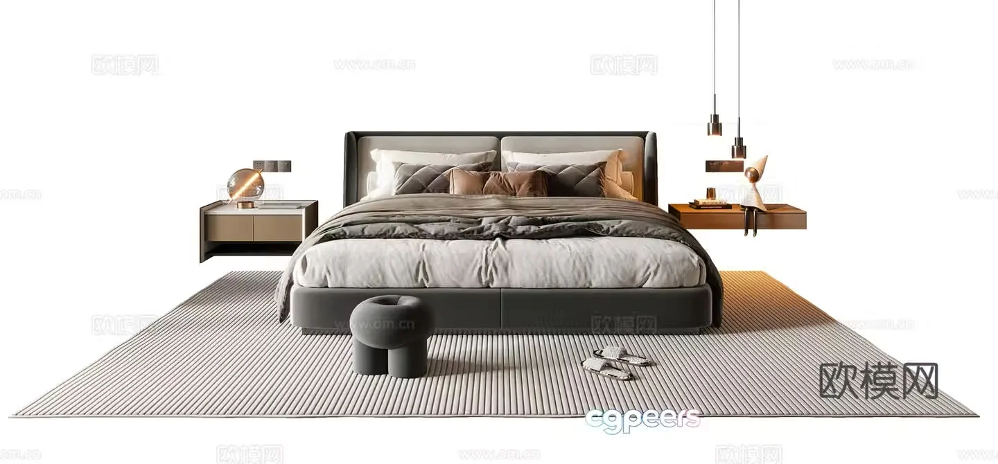 Modern Italian double bed fabric double bed bed nightstand chandeliers carpet 3d model